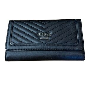 GUESS Black Quilted Chevron Tri-Fold Wallet | Silver Hardware
